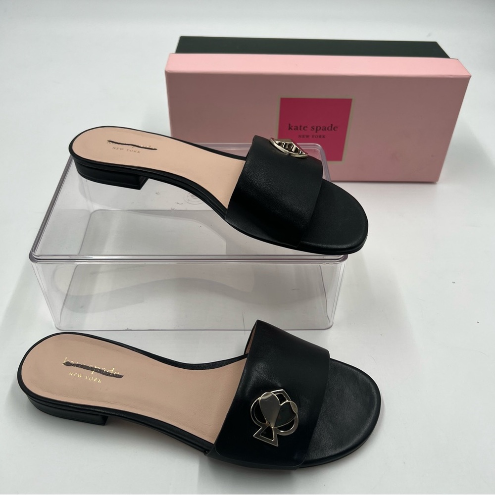 kate spade Black Slide Sandals with Gold Logo Accent - Picture 2 of 9